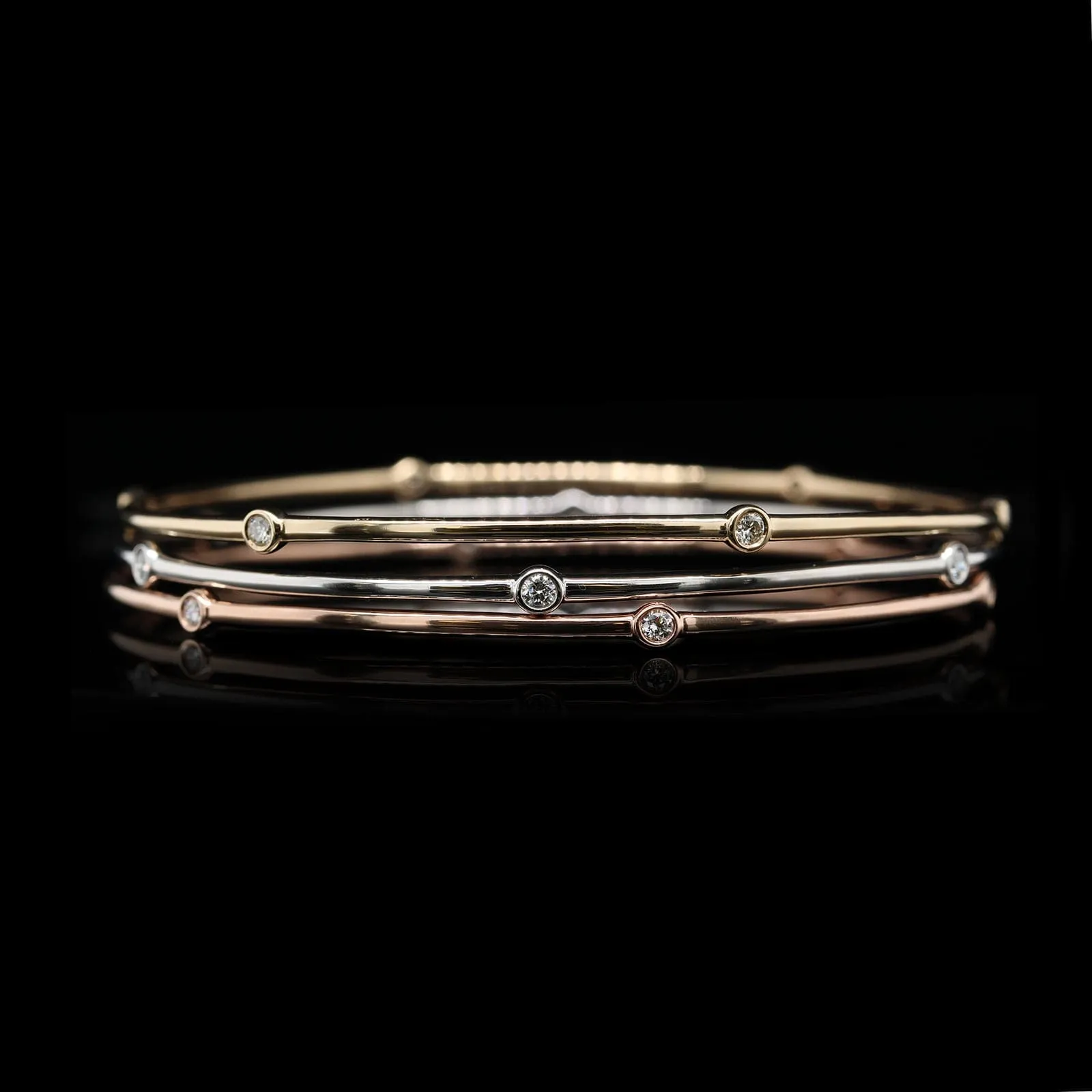 14K Tricolor Gold Estate Set of Three Diamond Bangles