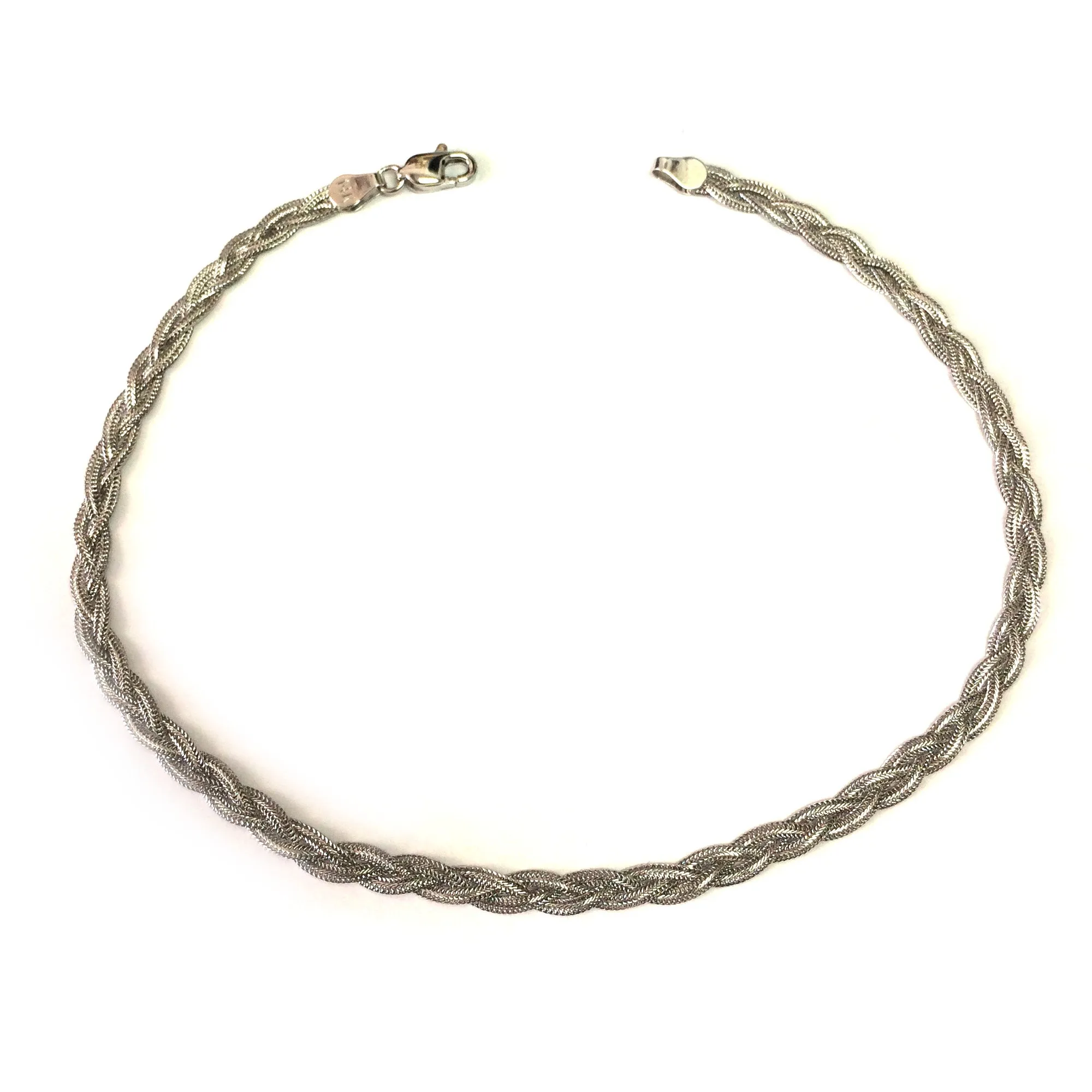 14K White Gold Braided Fox Chain Anklet, 10"