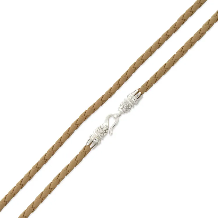 18" Tan Braided Leatherette Necklace 4mm w/ Silver Plated Bali Lock