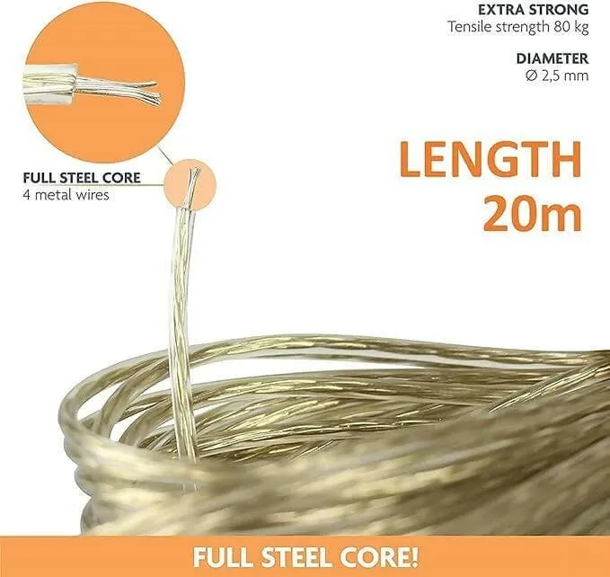 20 Meter PVC Coated Steel Anti-Rust Wire Rope for Drying Clothes with 2 Plastic Hooks (Pack of 5)