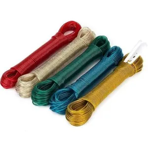 20 Meter PVC Coated Steel Anti-Rust Wire Rope for Drying Clothes with 2 Plastic Hooks (Pack of 5)