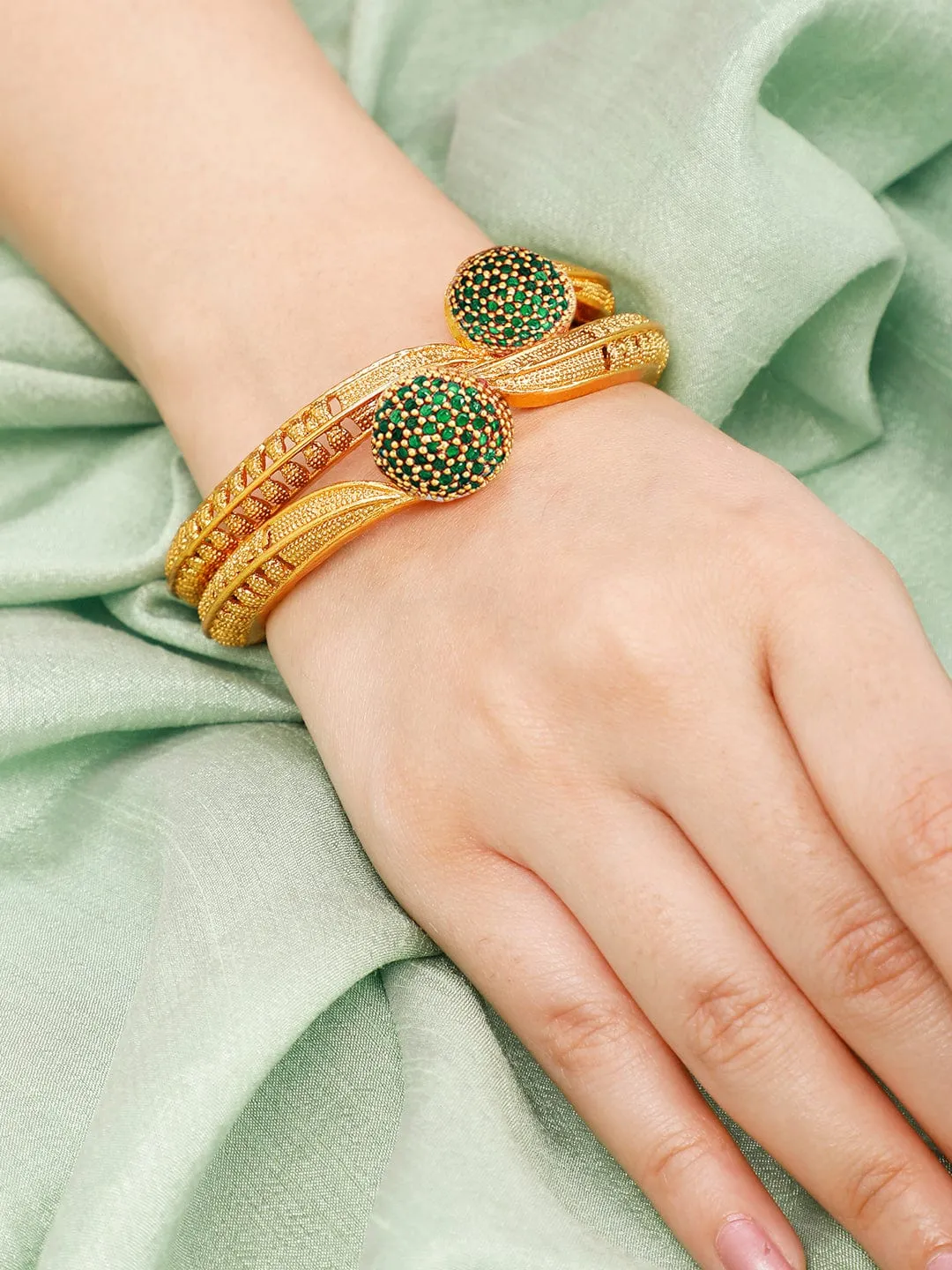 22K Gold Plated Emerald Stone Studded Set of 2 Bangles