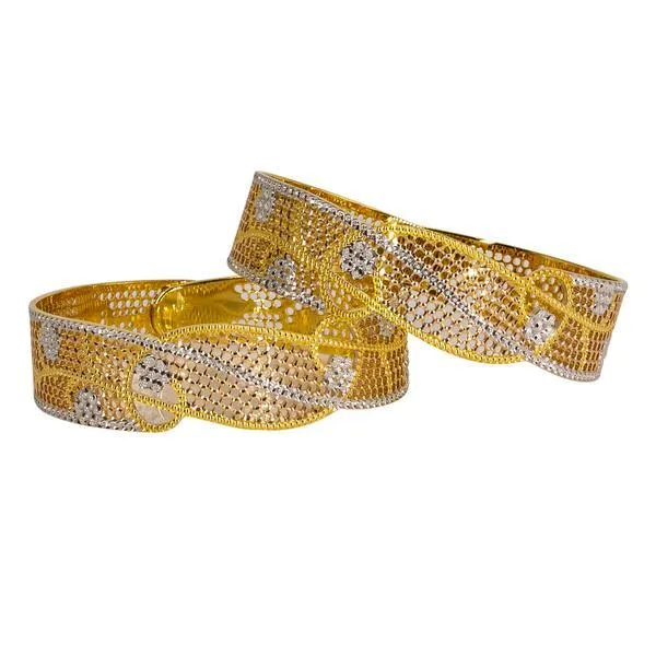 22K Multi-Tone Gold Bangles Set of 2 W/ Slanted Cut Out Design 76 gm