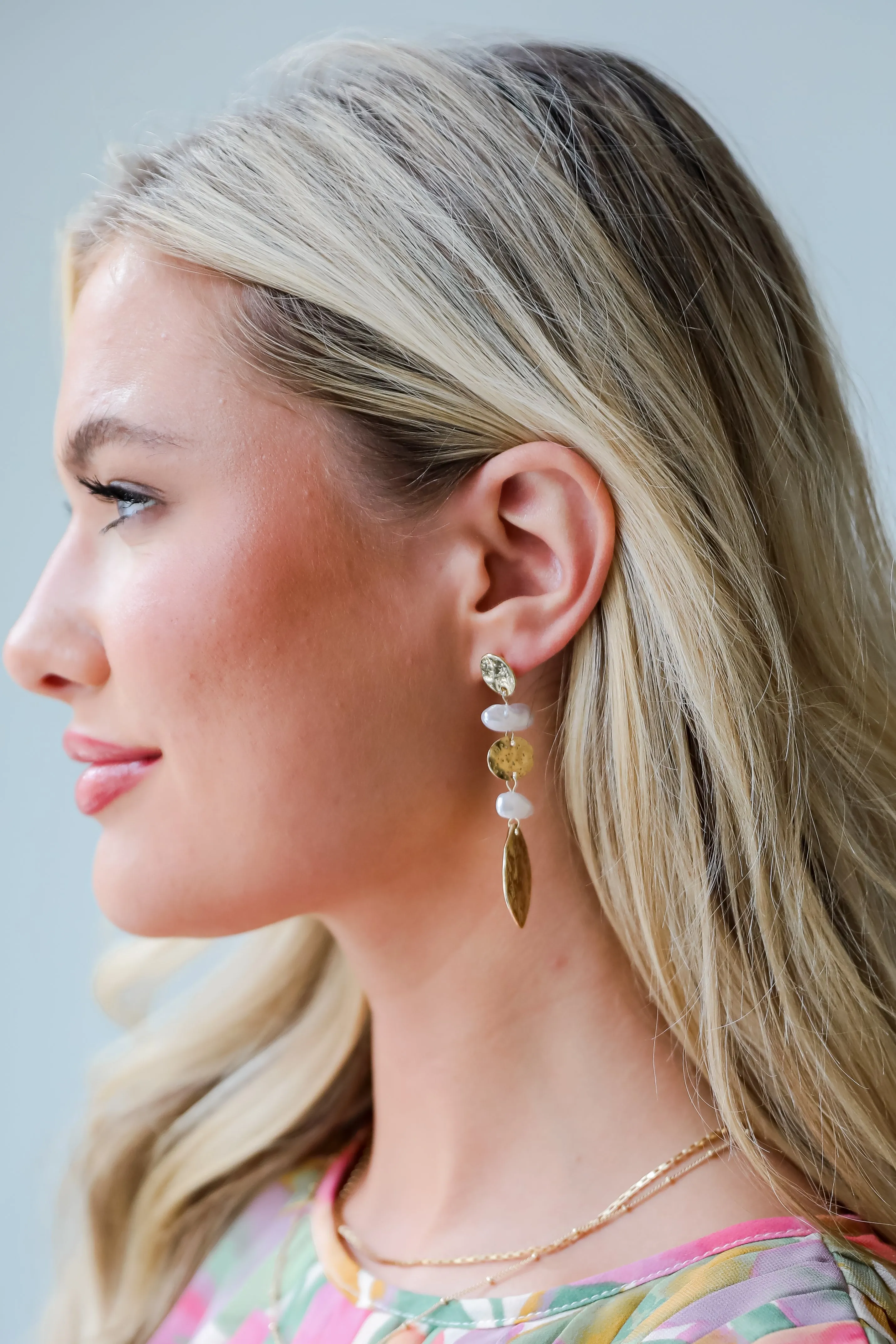 Alexa Gold Hammered Pearl Drop Earrings