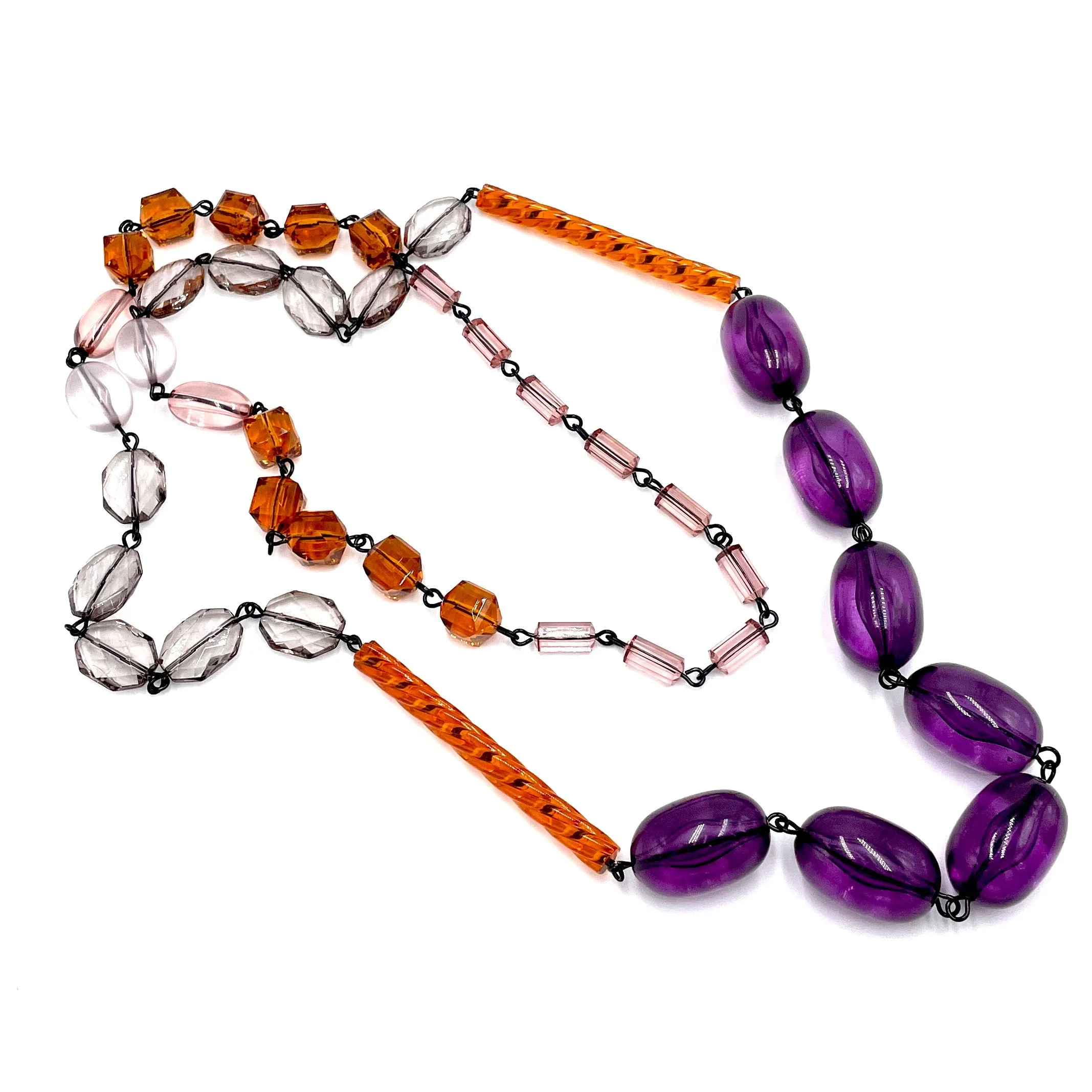 Amethyst & Amber Beaded Rosary Chain Rope Necklace