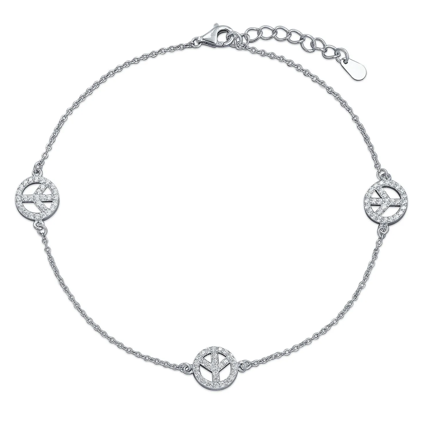 Aum Om Ohm Peace Sign Anklet Charm CZ Accent Sterling Silver Adjustable 9 -10"