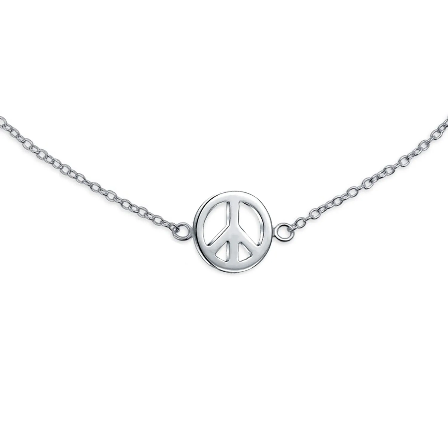 Aum Om Ohm Peace Sign Anklet Charm CZ Accent Sterling Silver Adjustable 9 -10"