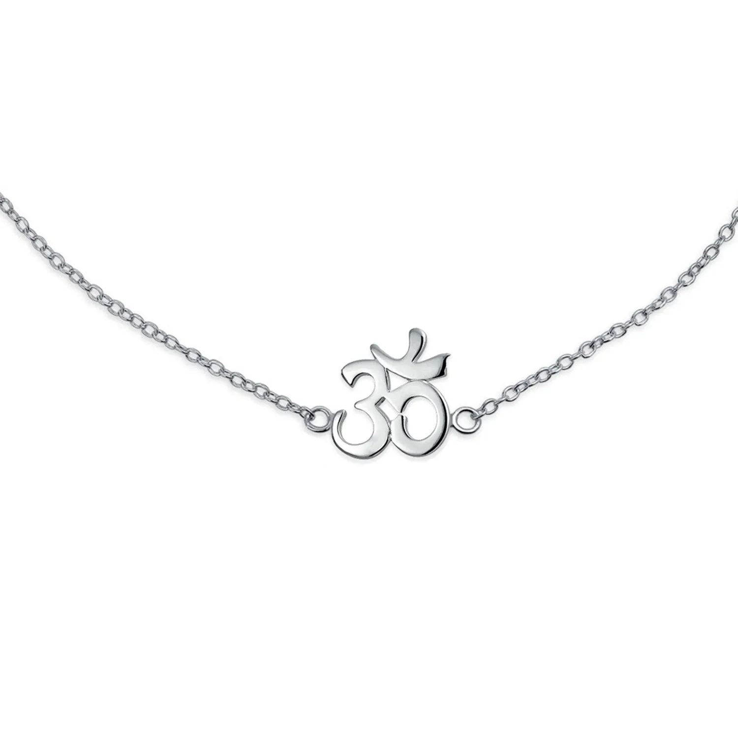 Aum Om Ohm Peace Sign Anklet Charm CZ Accent Sterling Silver Adjustable 9 -10"