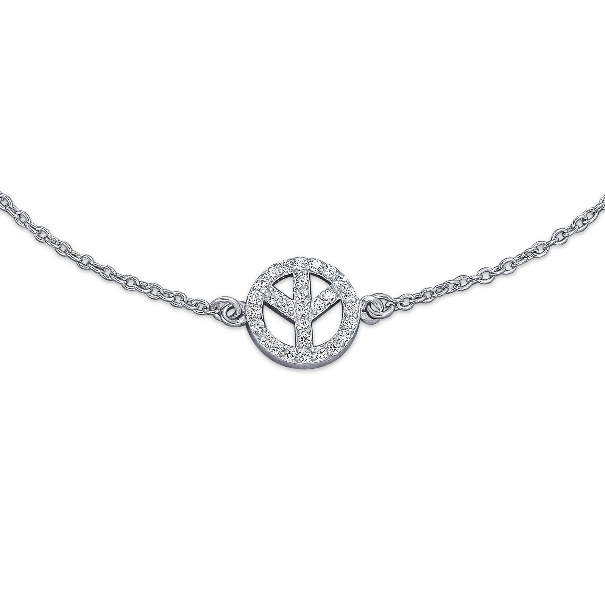 Aum Om Ohm Peace Sign Anklet Charm CZ Accent Sterling Silver Adjustable 9 -10"