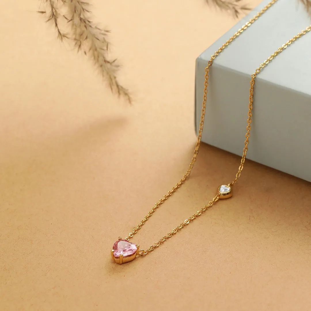 Brass 18k Rose Gold Valentines Pink Heart Necklace For Women