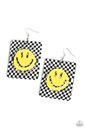 Cheeky Checkerboard Yellow Smiley Face Earrings - Paparazzi Accessories