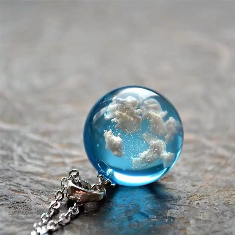 Chic Transparent Resin Round Ball Blue Sky White Cloud Chain Necklace