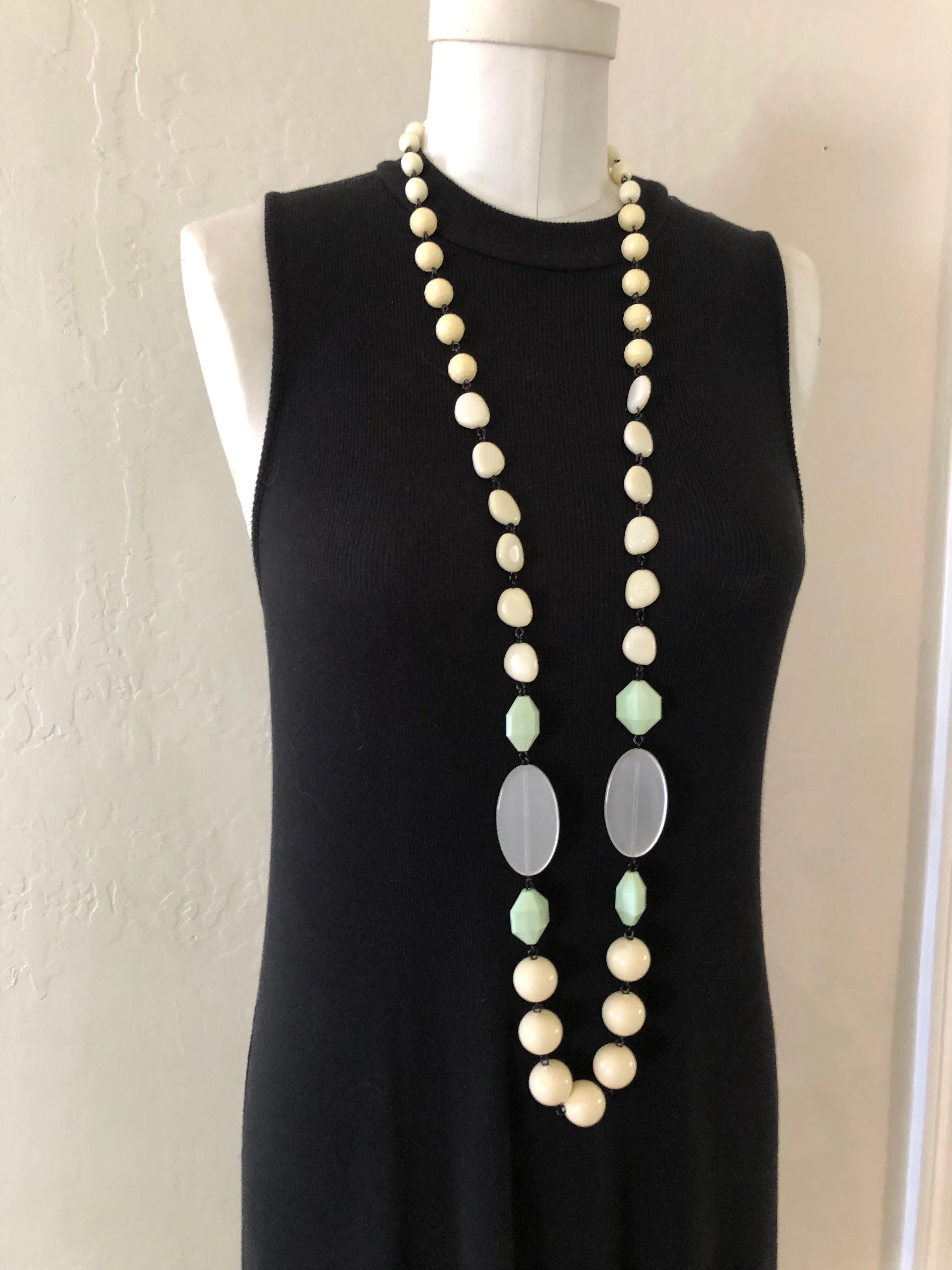 Cream & Mint Green Rosary Chain Rope Necklace