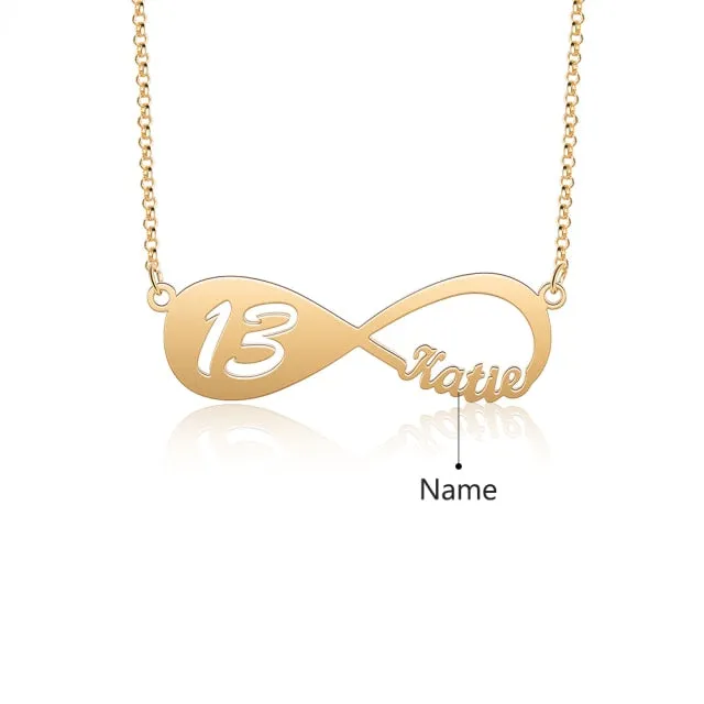 Designer Personalized Name Infinity Necklace with 12-18 Year Old Numbers Age Custom Nameplate Pendant Necklace Birthday Gift