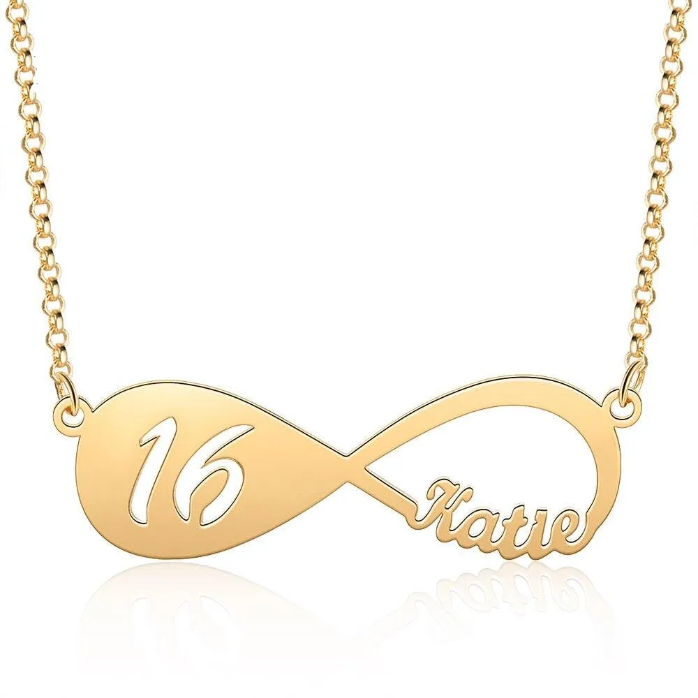 Designer Personalized Name Infinity Necklace with 12-18 Year Old Numbers Age Custom Nameplate Pendant Necklace Birthday Gift