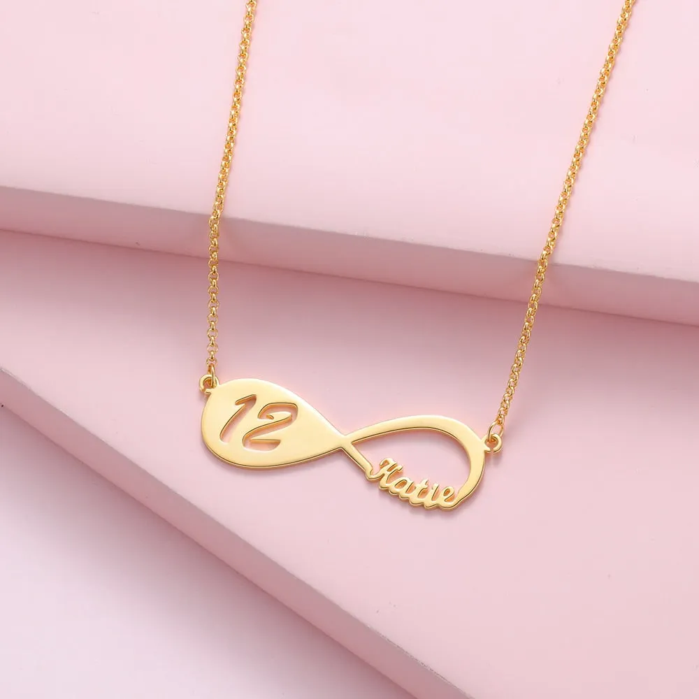 Designer Personalized Name Infinity Necklace with 12-18 Year Old Numbers Age Custom Nameplate Pendant Necklace Birthday Gift