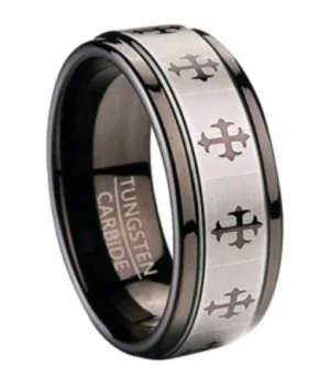 9mm Black Tungsten Mens Fashion Ring Enhanced with Cross Patterns