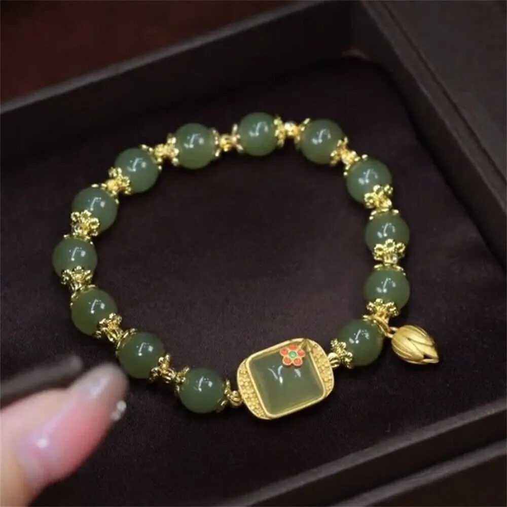 Jade Flower and Gold Leaf Design Bracelet