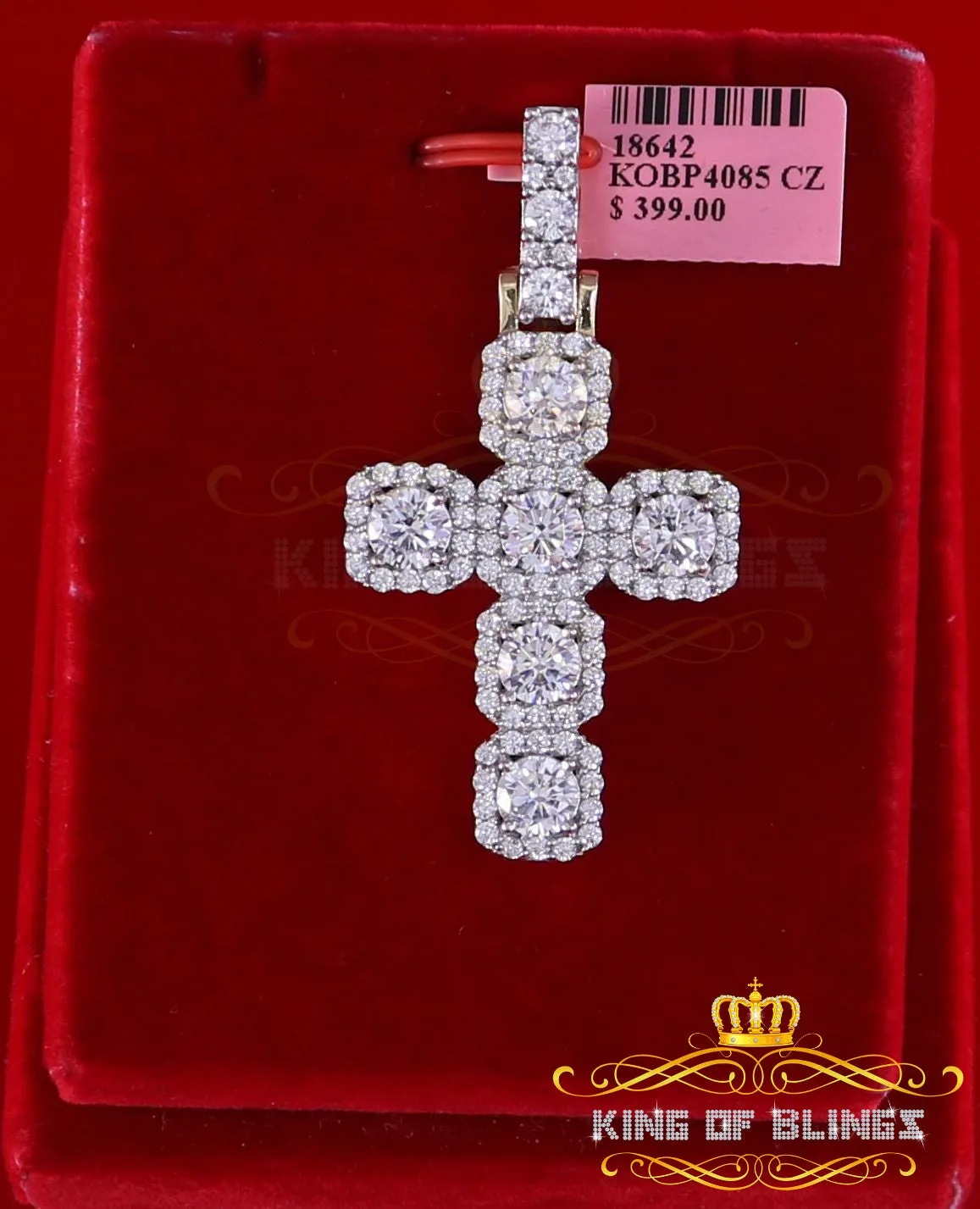 King of Bling's Yellow 925 Sterling Silver Cross Pendant 8.03ct Cubic Zirconia