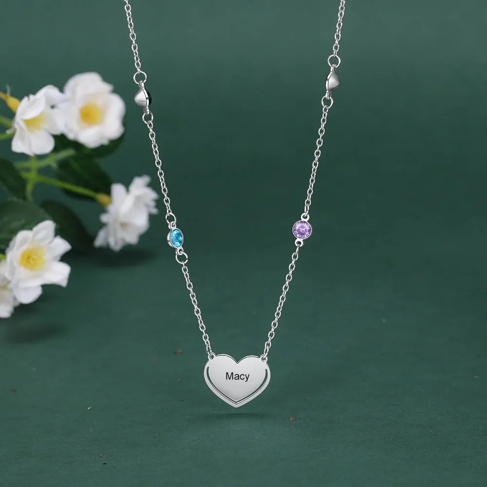 Personalized Engraved 4 Stones 1 Name Heart Necklace