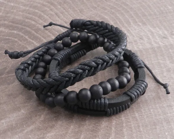 Rope Sliders & Wood Bead Bracelet 3 pack Black