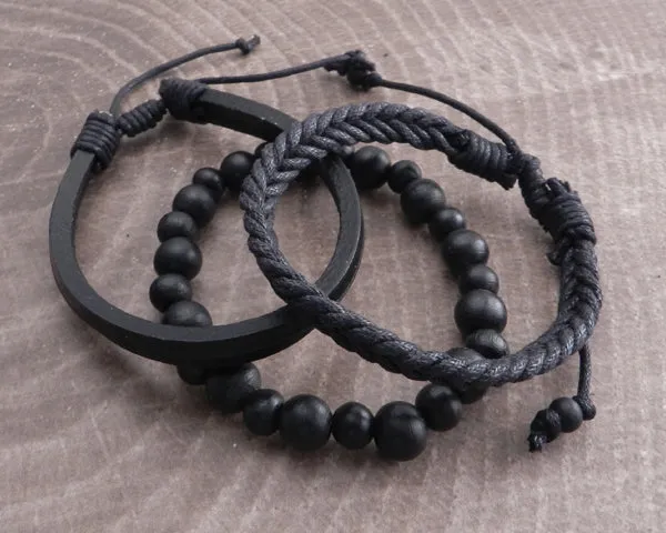 Rope Sliders & Wood Bead Bracelet 3 pack Black