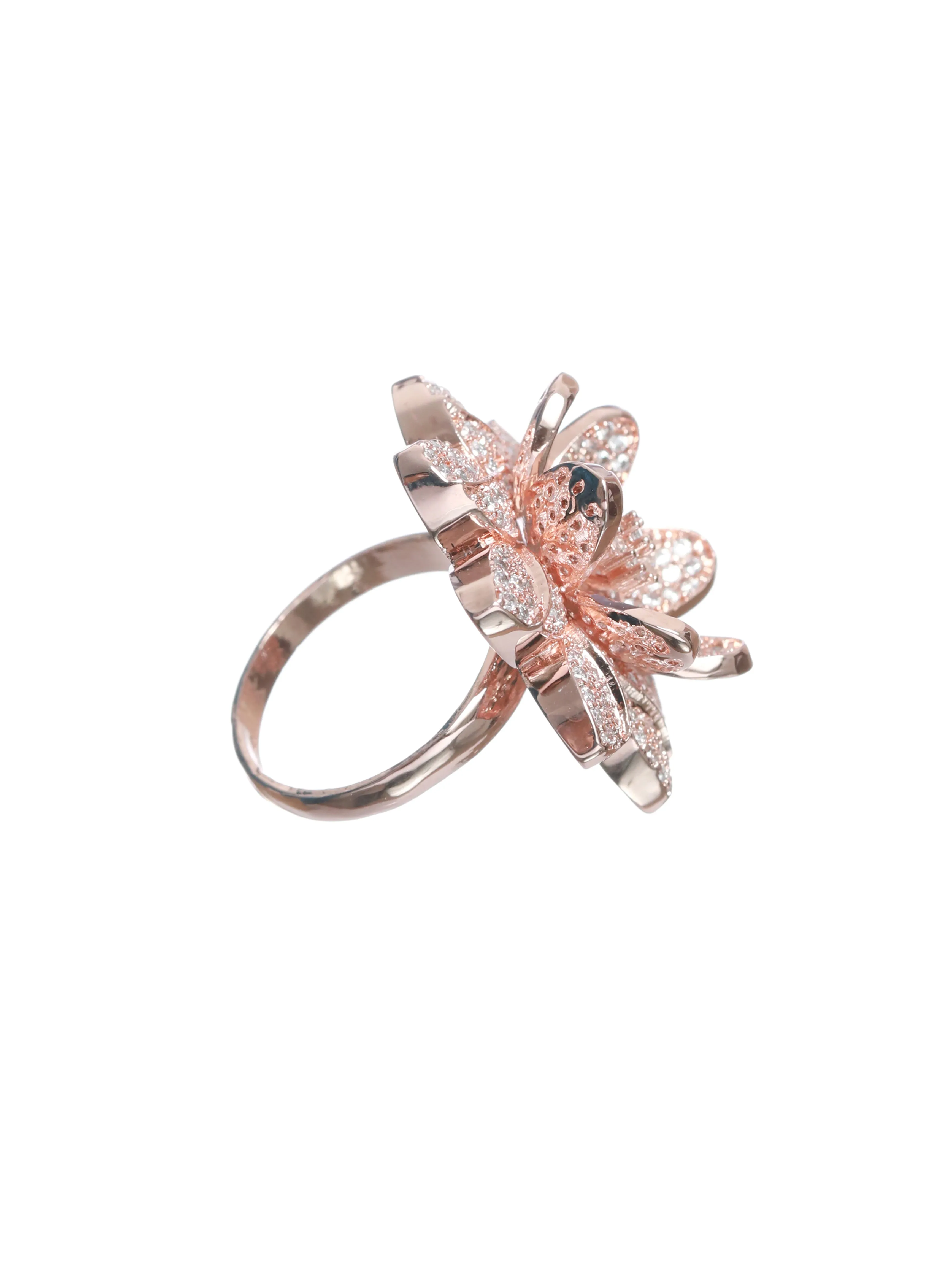 Rose Gold Plated Handcrafted American Diamond Studded Adjustable Floral Finger Ring