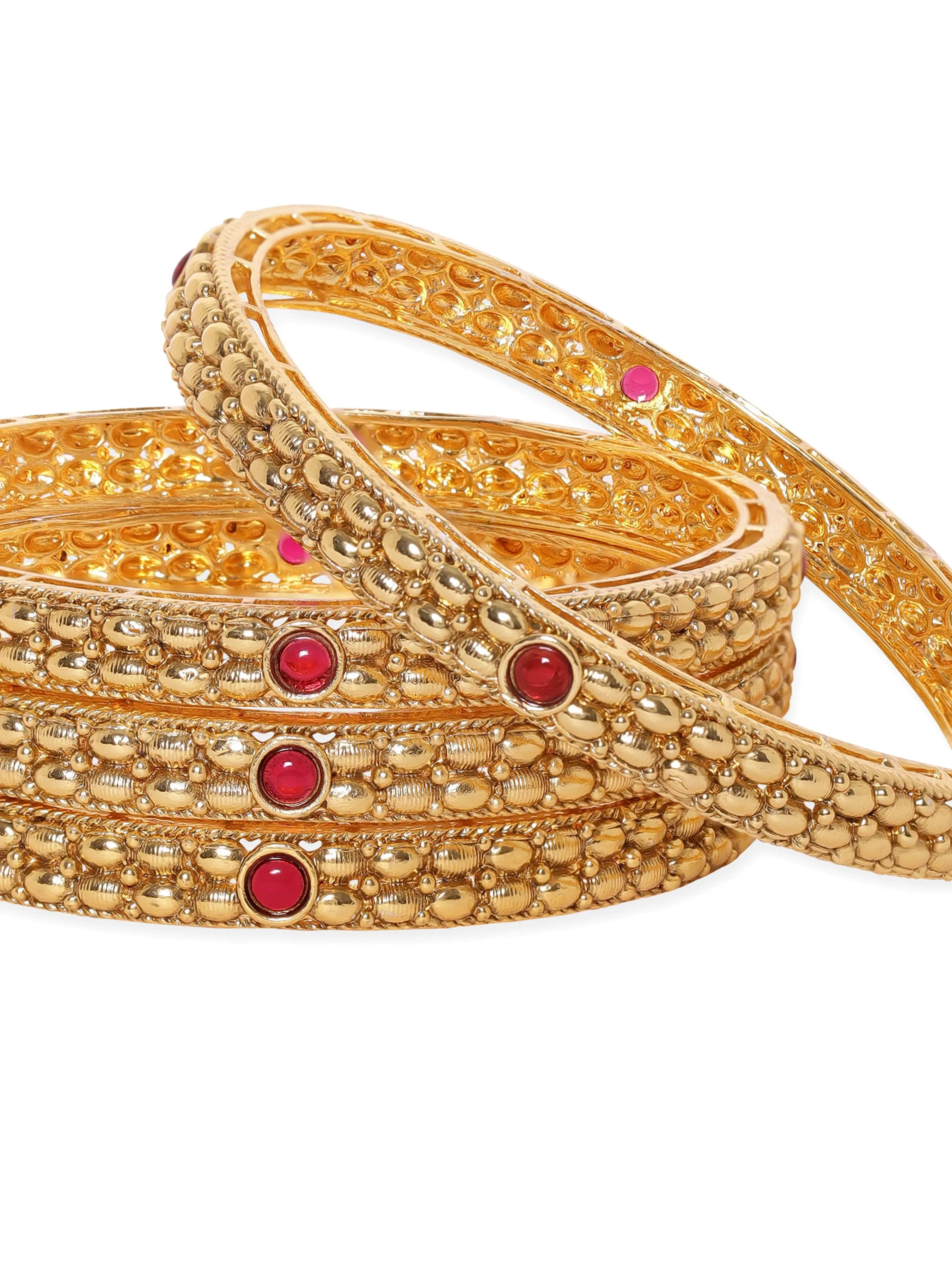 Rubans Set of 4, 22K Gold plated Kemp stone studded handcrafted gold bangles