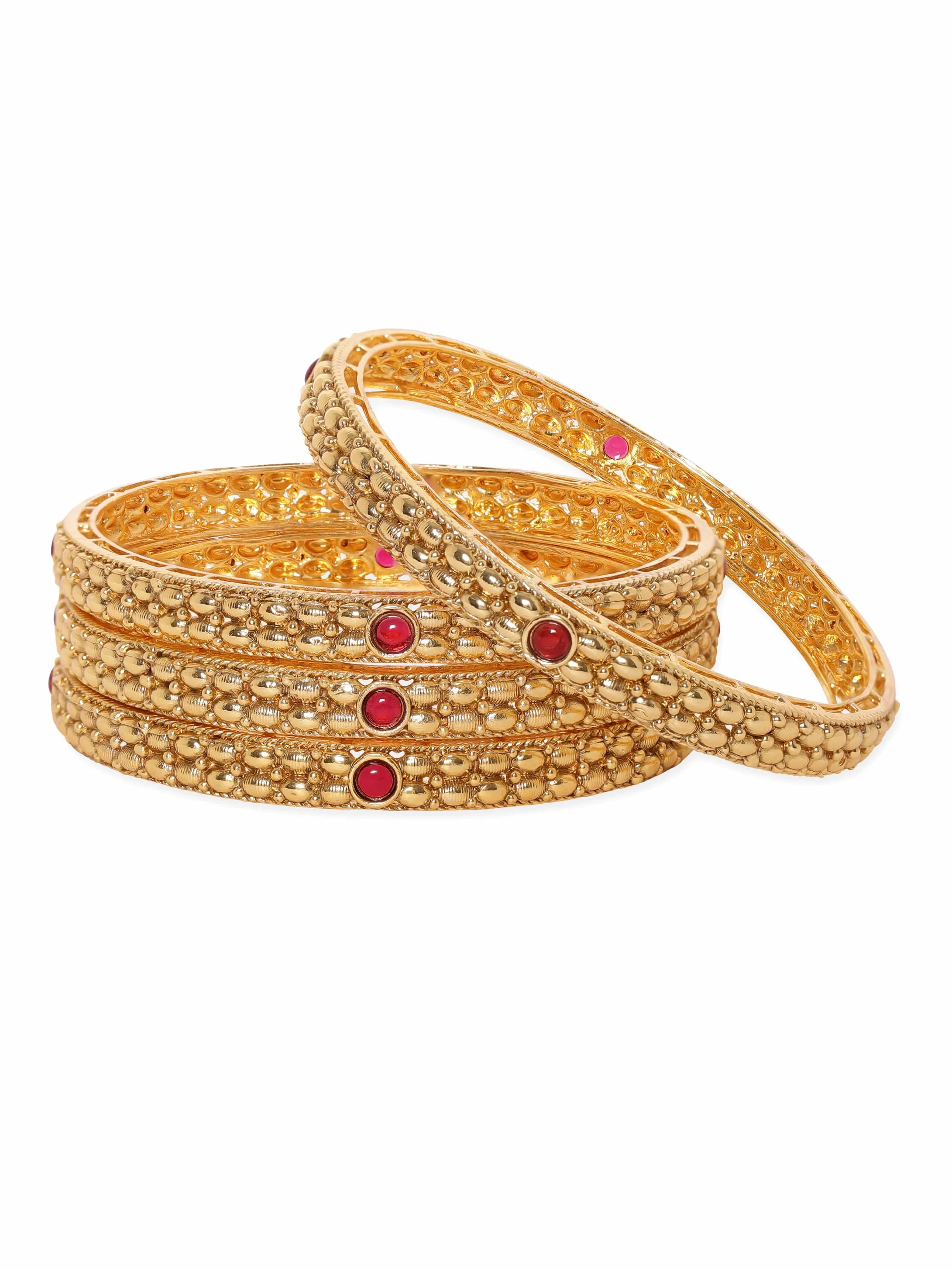 Rubans Set of 4, 22K Gold plated Kemp stone studded handcrafted gold bangles