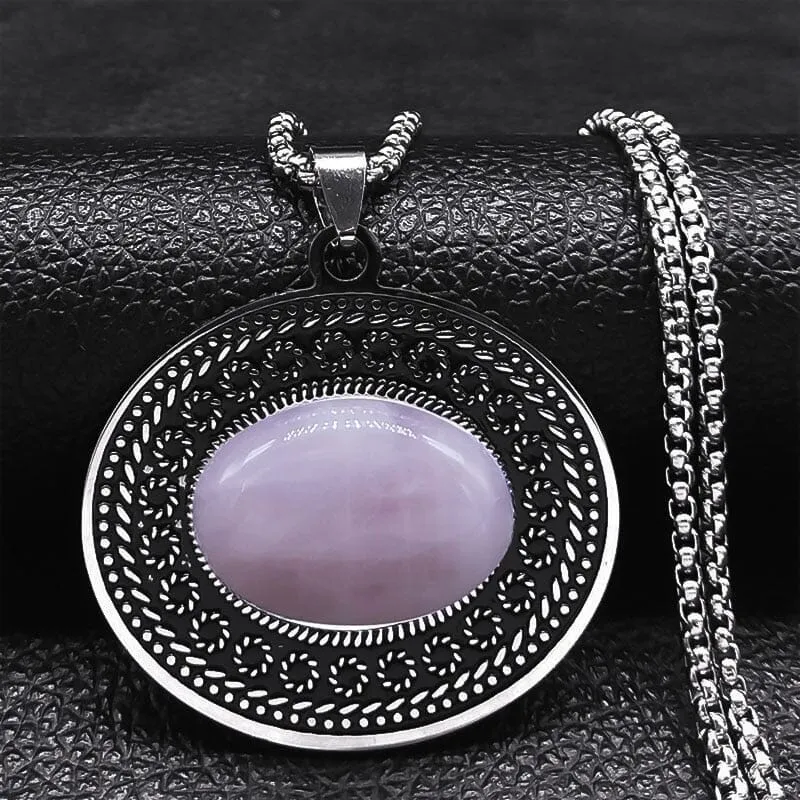 Stainless Steel Bohemia Oval Amethyst Necklace