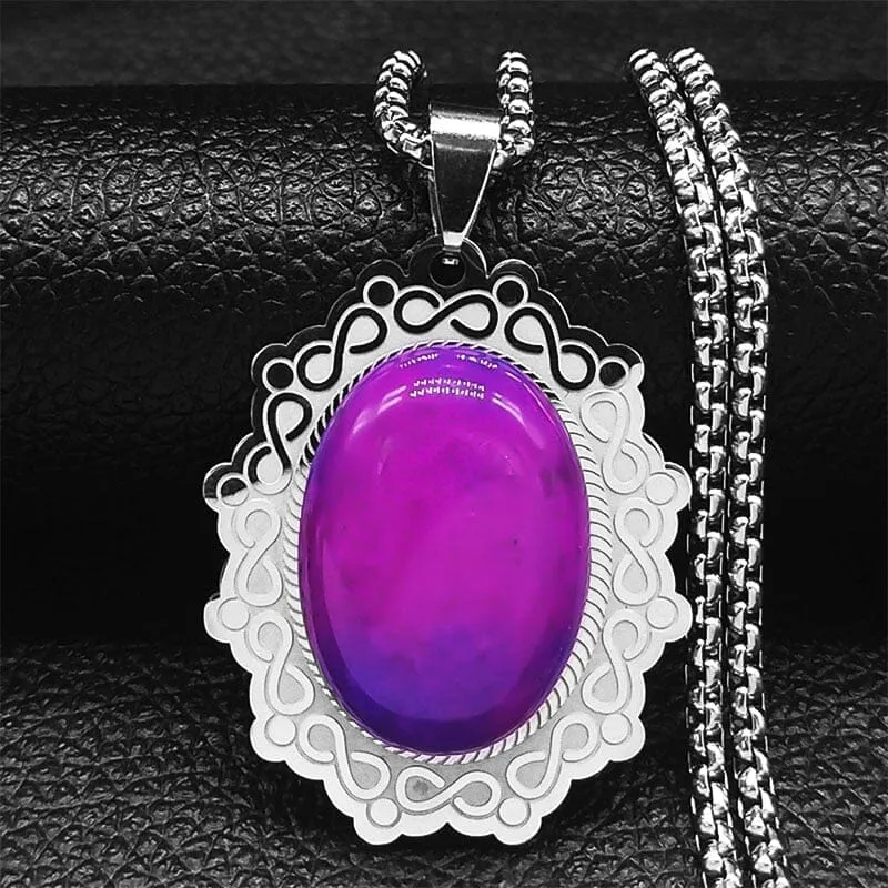 Stainless Steel Bohemia Oval Amethyst Necklace