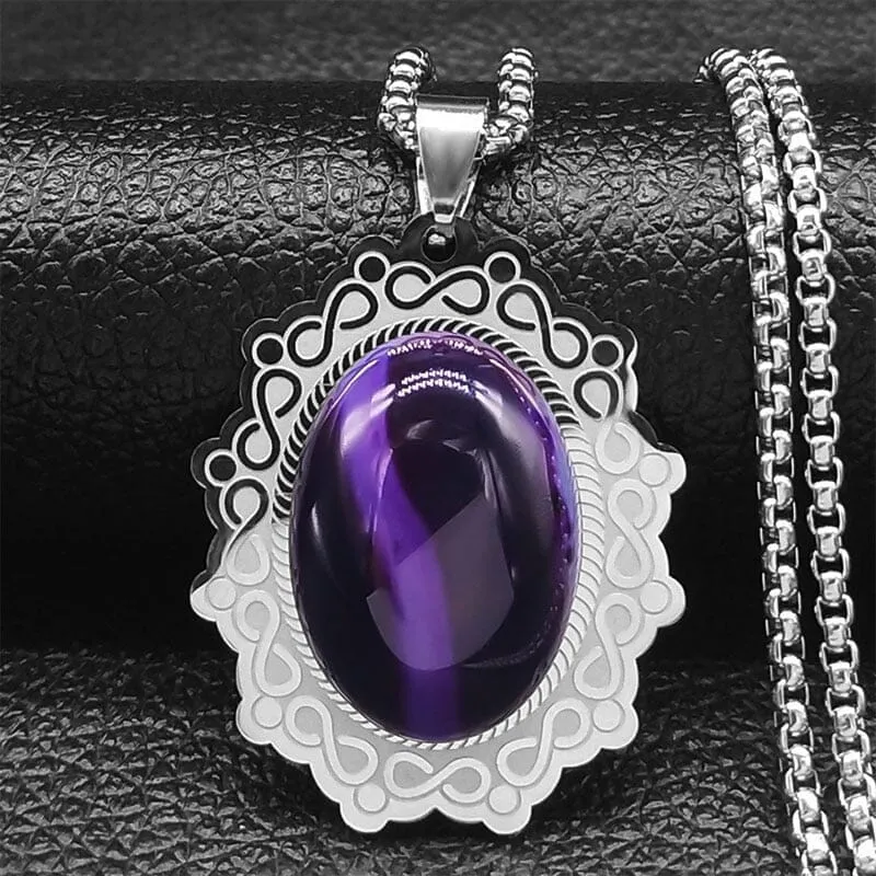 Stainless Steel Bohemia Oval Amethyst Necklace