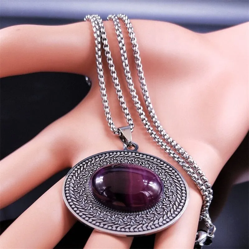 Stainless Steel Bohemia Oval Amethyst Necklace