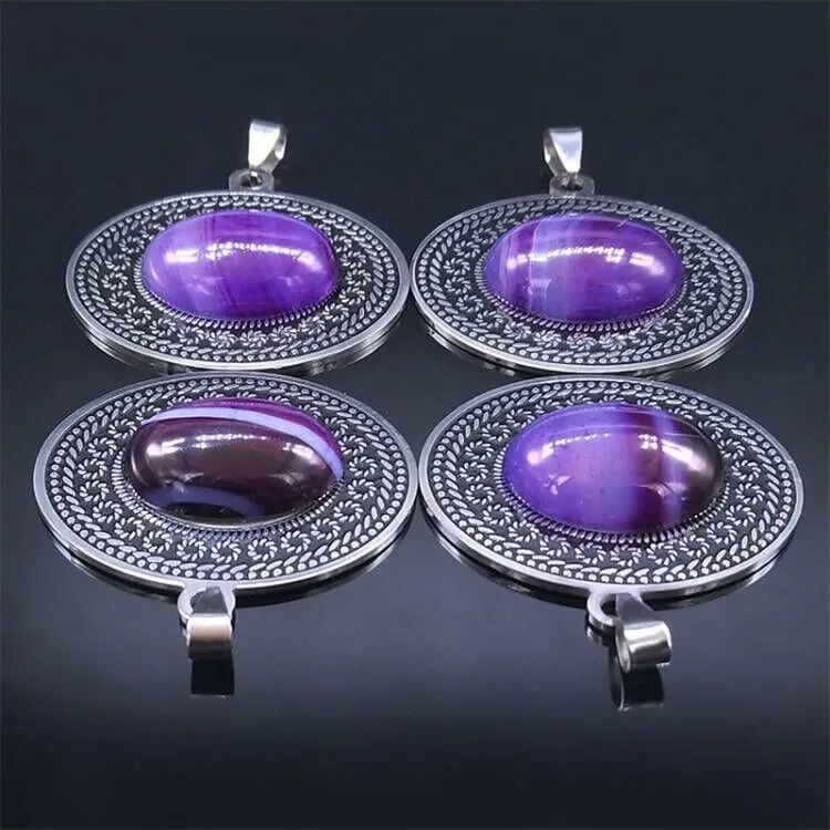 Stainless Steel Bohemia Oval Amethyst Necklace