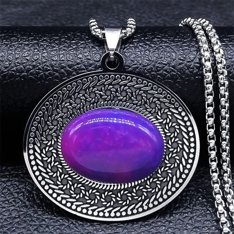 Stainless Steel Bohemia Oval Amethyst Necklace