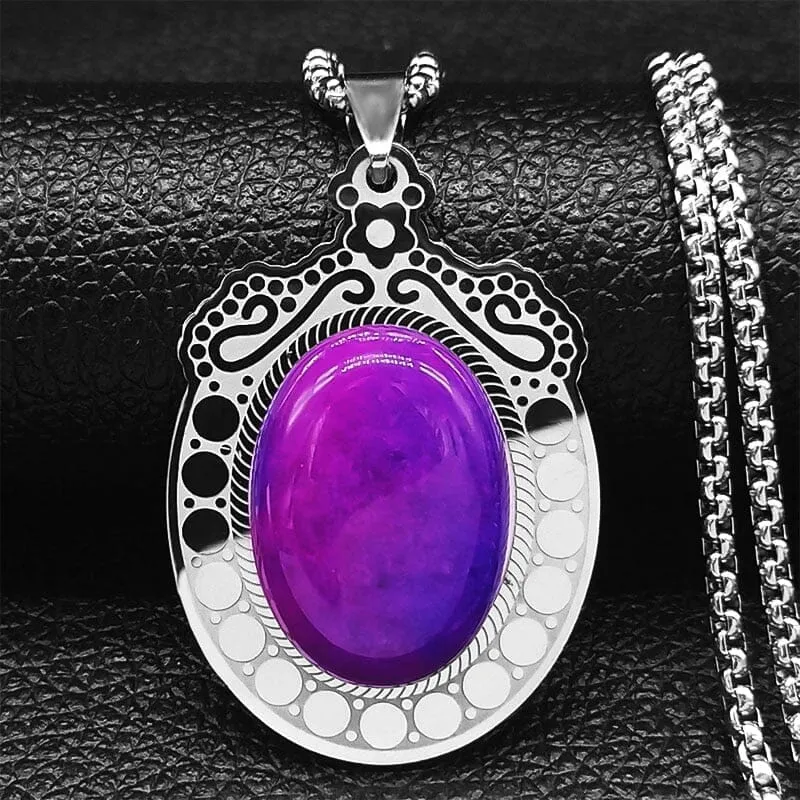 Stainless Steel Bohemia Oval Amethyst Necklace