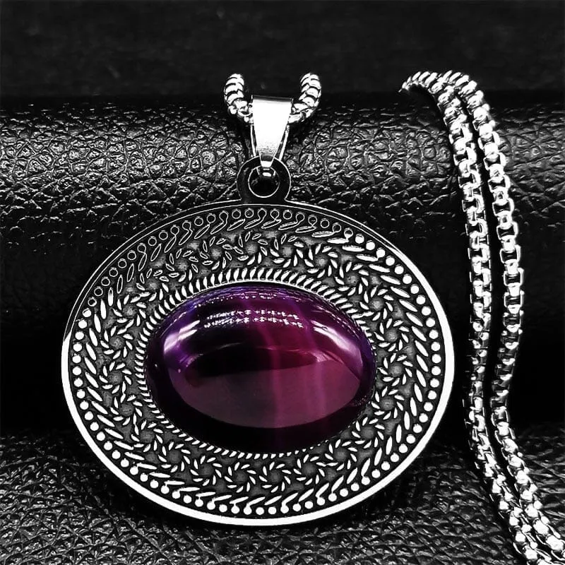 Stainless Steel Bohemia Oval Amethyst Necklace