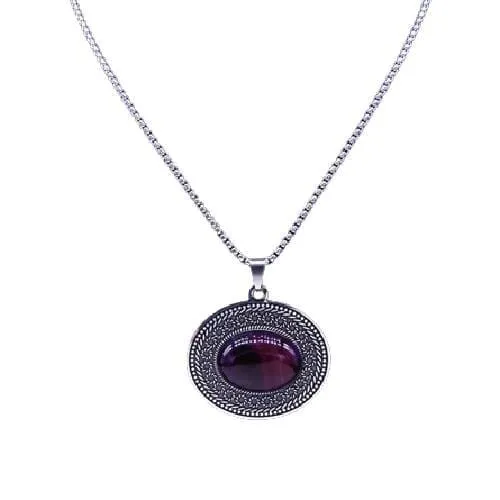 Stainless Steel Bohemia Oval Amethyst Necklace