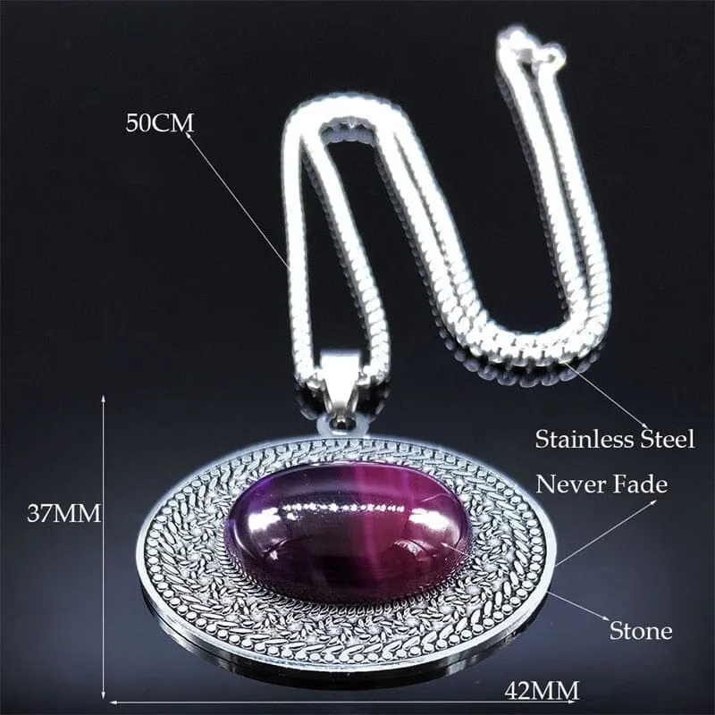 Stainless Steel Bohemia Oval Amethyst Necklace