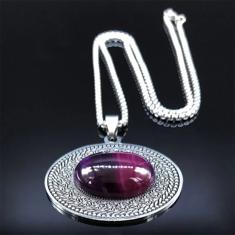 Stainless Steel Bohemia Oval Amethyst Necklace