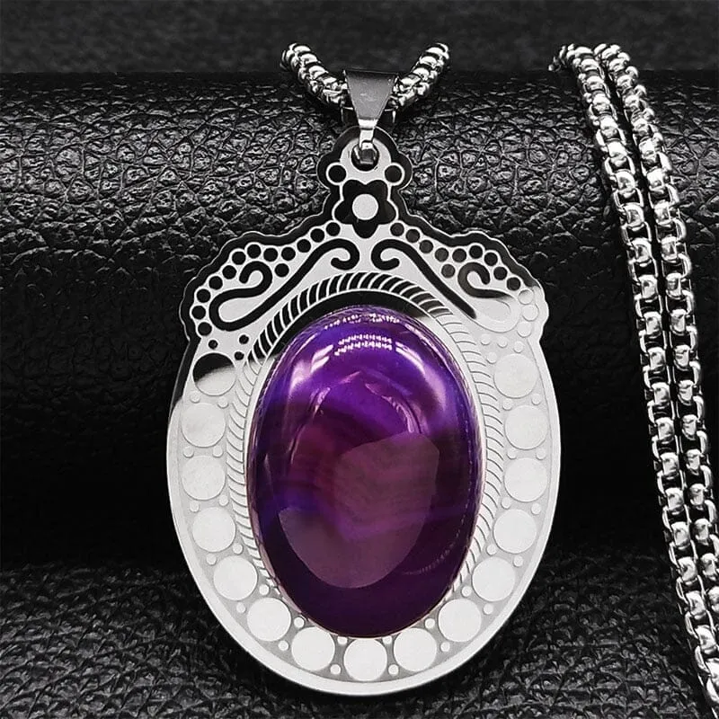 Stainless Steel Bohemia Oval Amethyst Necklace