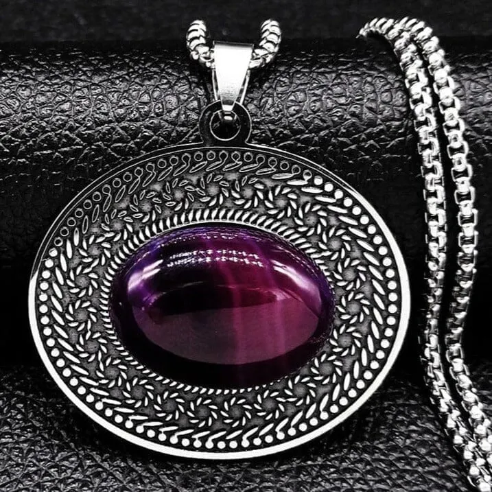 Stainless Steel Bohemia Oval Amethyst Necklace