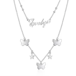 Sterling Silver Personalized Nameplate Necklace with Butterfly & Stars Customized Pendant Jewelry Gifts for Mother