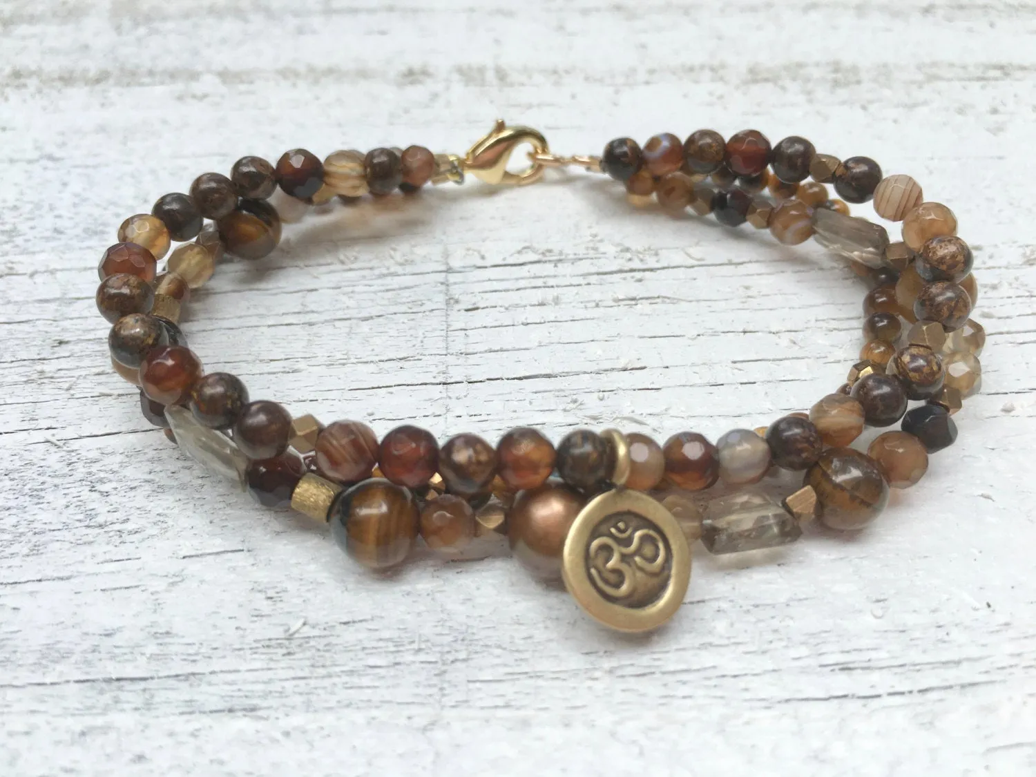 Tiger's Eye Bracelet - Three Strand Bracelet  - Om Charm - Tiger's Eye Jewelry - Women's Jewelry - Girlfriend's Gift - Brown Bracelet