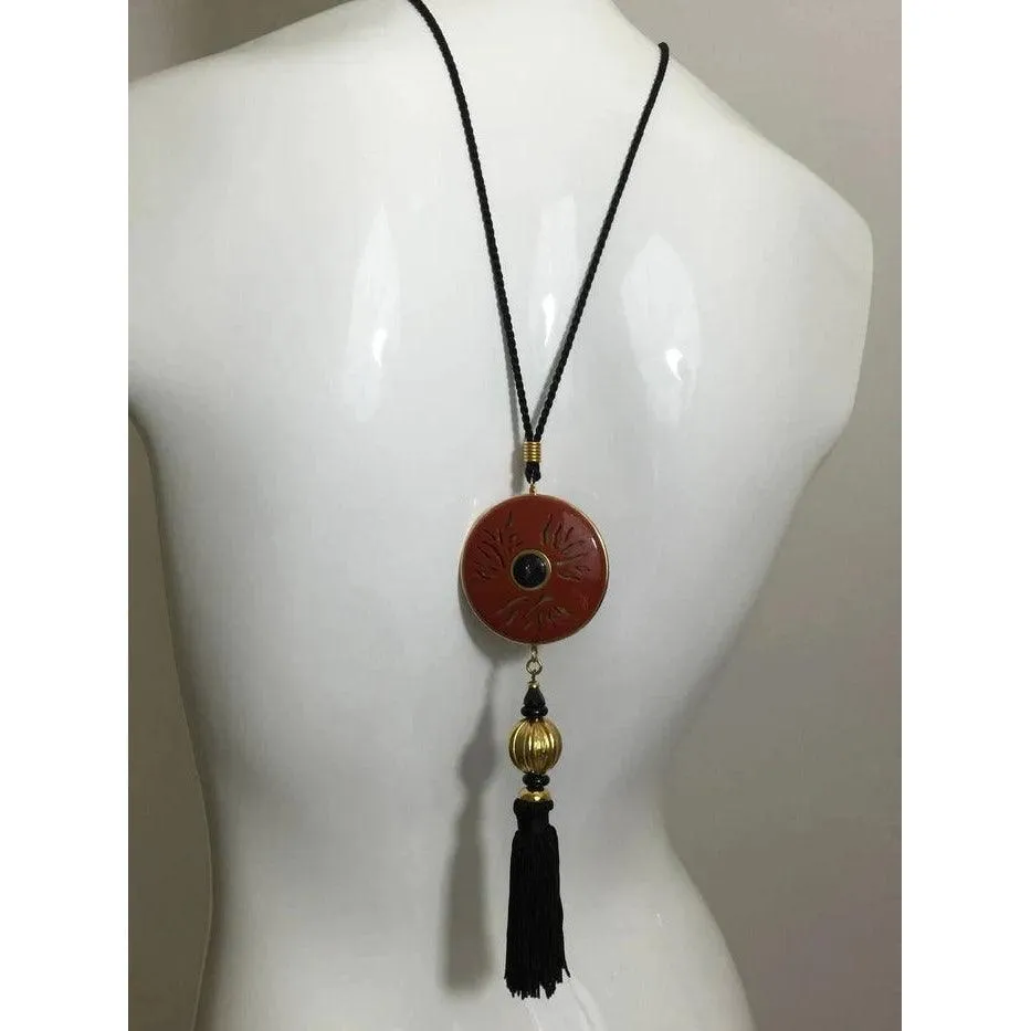 YVES SAINT LAURENT Vintage Opium Pendant & Gold Bead Black Tassel Necklace