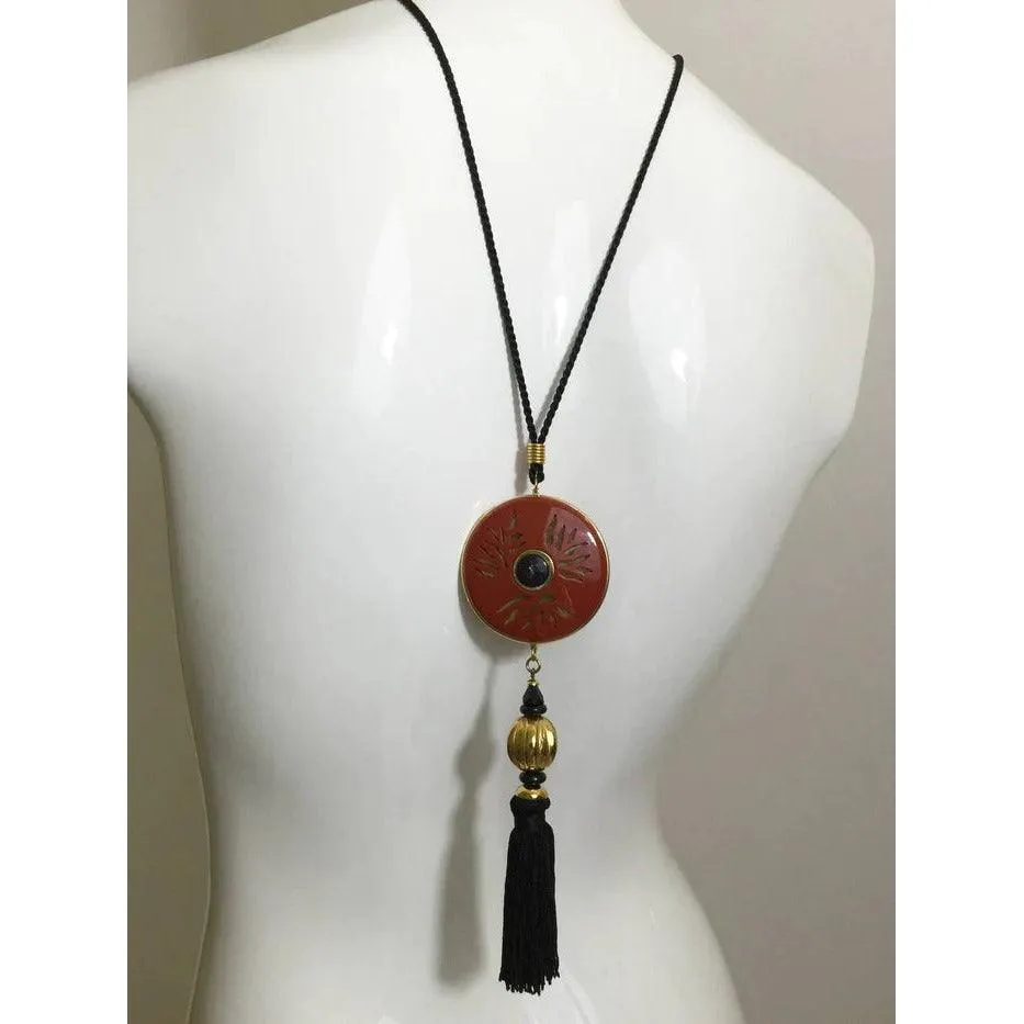 YVES SAINT LAURENT Vintage Opium Pendant & Gold Bead Black Tassel Necklace