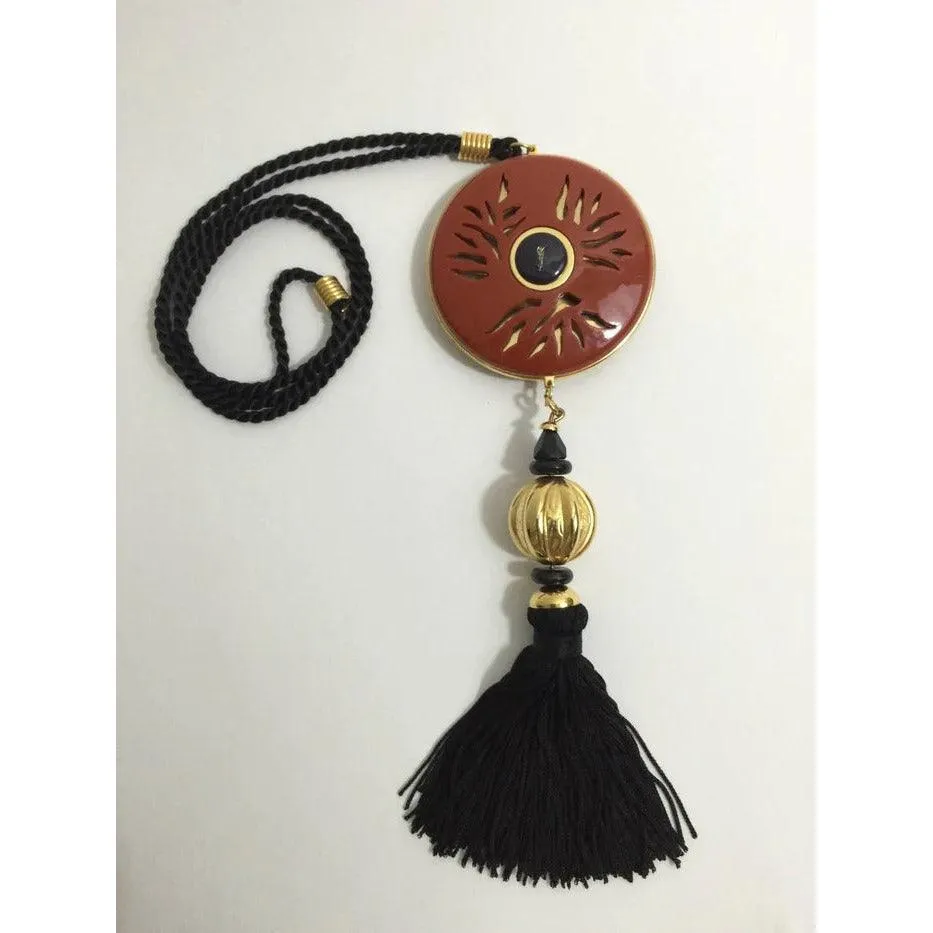 YVES SAINT LAURENT Vintage Opium Pendant & Gold Bead Black Tassel Necklace