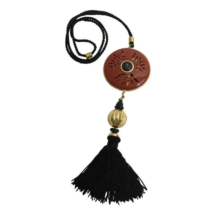 YVES SAINT LAURENT Vintage Opium Pendant & Gold Bead Black Tassel Necklace